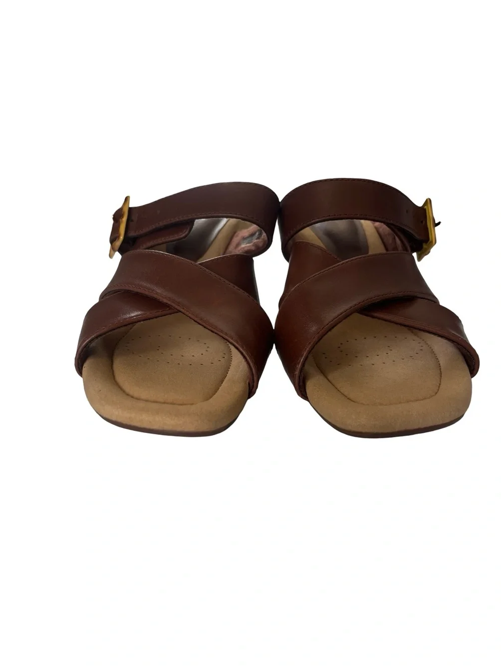 Clark’s Collection Kyarra Judi Sandals Tan Wood Grain Wedge Womens Size 7.5